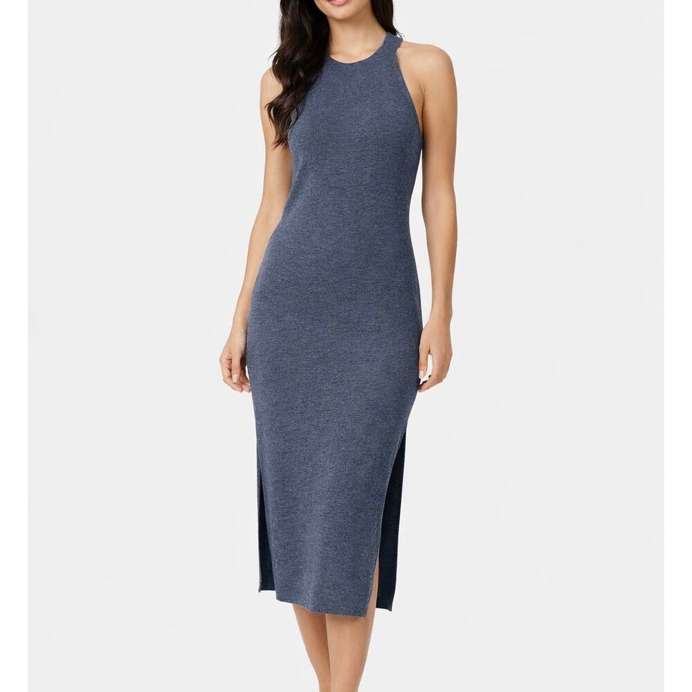 THEORY Reverie Knit Midi Dress Sleeveless Crew Neck Side Slit, Blue